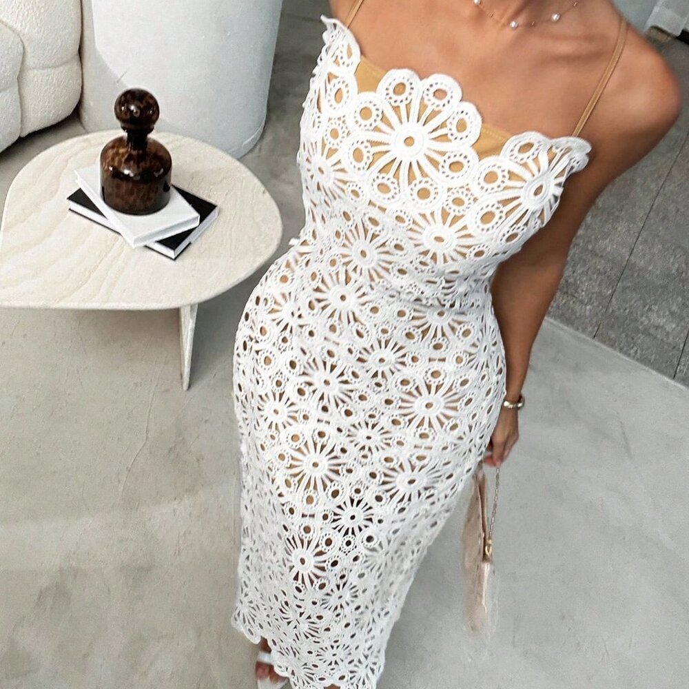 White Elegant Women's Asymmetrical Lace Cutout Camisole Watercolor Midi Dress - Picture 3 of 6
